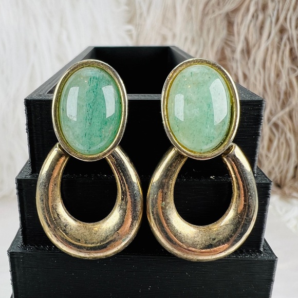 (image for) Vintage Aged Goldtone Green Door Knocker Pierced Earrings